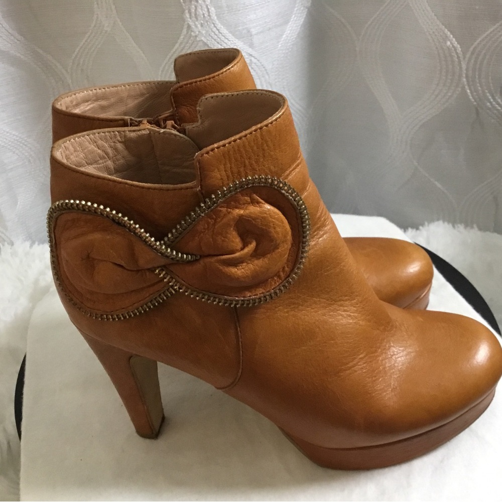 See By Chloe Cognac Leather High-Heel Ankle Booties with Zip Rosette Detail